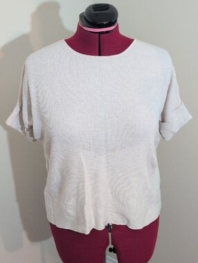 Repeat | Women's Cream Short-Sleeve Knit Top Cotton Blend
